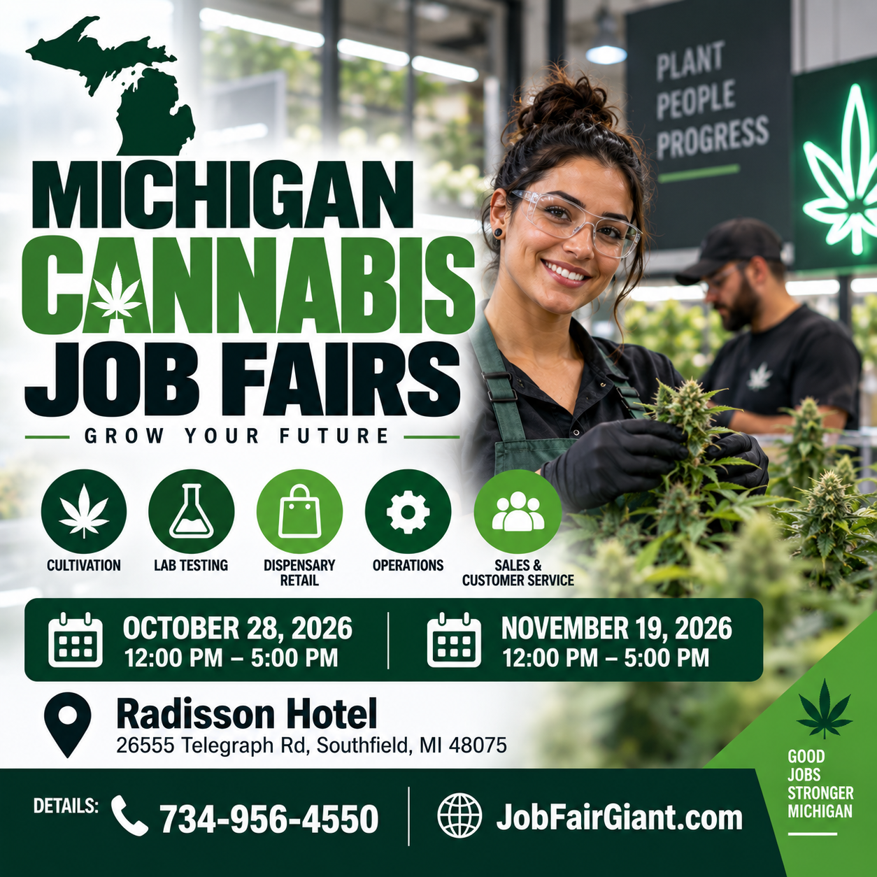 Michigan Cannabis Job Fairs — October 28 and November 19, 2026, noon–5 p.m., Southfield, Michigan