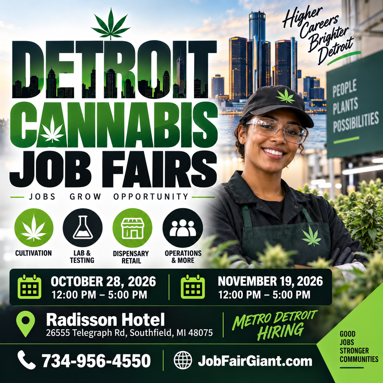 Detroit Cannabis Job Fairs — October 28 and November 19, 2026, noon–5 p.m., Southfield, Michigan