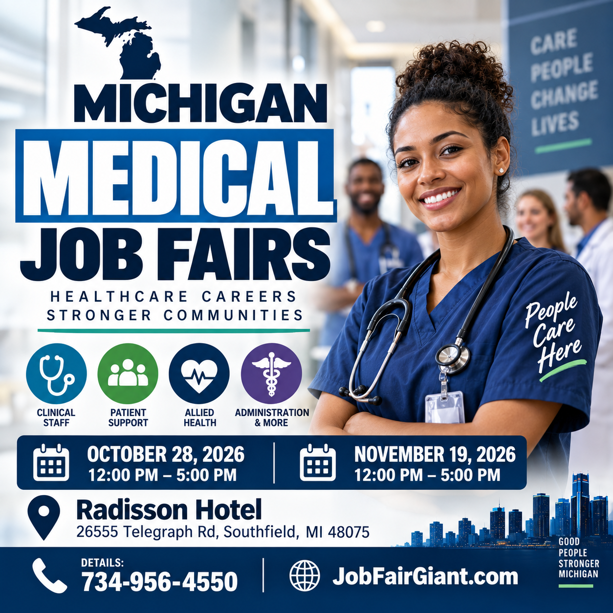Michigan Healthcare Job Fairs on October 28 and November 19, 2026, from 12 to 5 p.m. in Southfield
