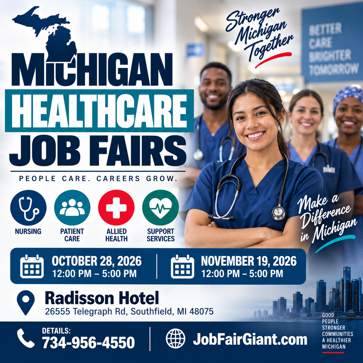 Michigan Healthcare Job Fairs on October 28 and November 19, 2026, from 12 to 5 p.m. in Southfield