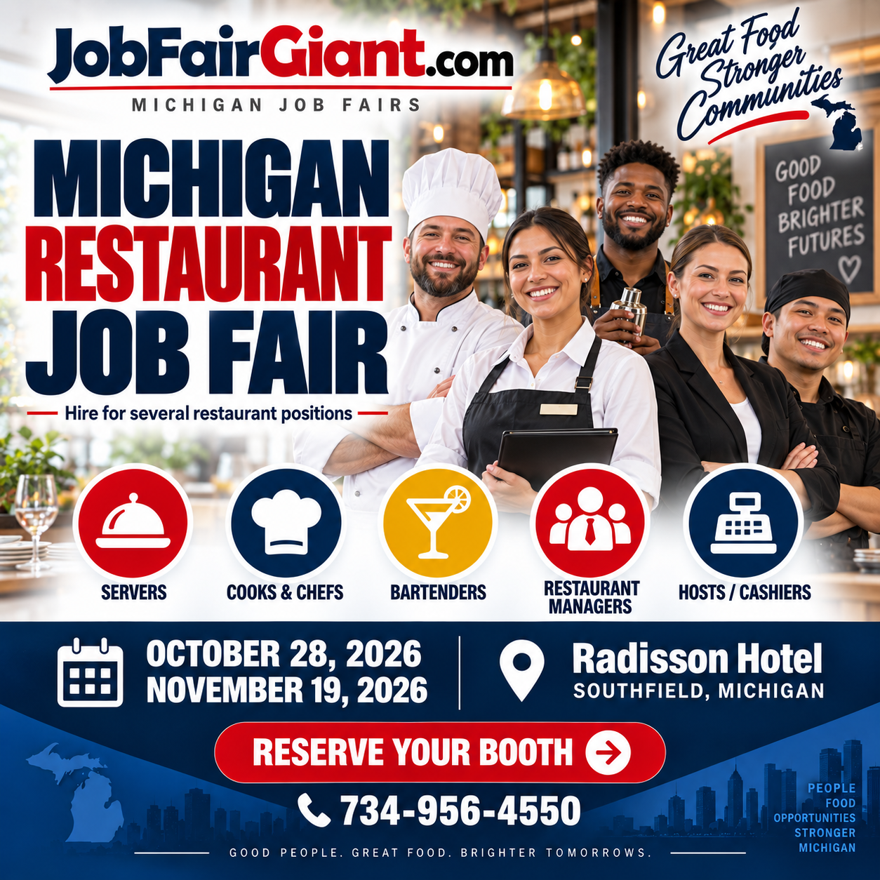 Michigan Restaurant Job Fairs on October 28 and November 19, 2026, from 12 to 5 p.m. in Southfield