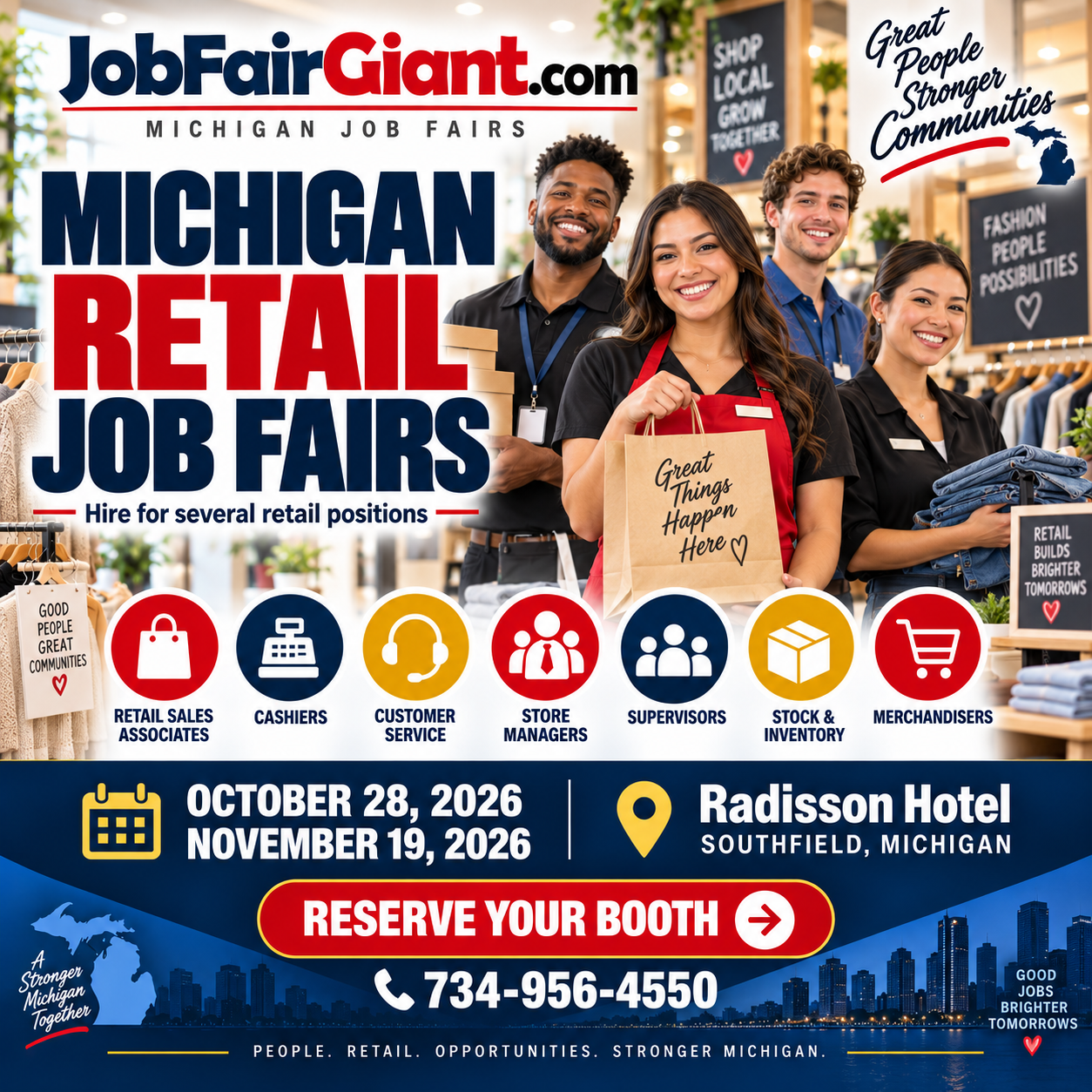 Michigan Retail Job Fairs on October 28 and November 19, 2026, from 12 to 5 p.m. in Southfield